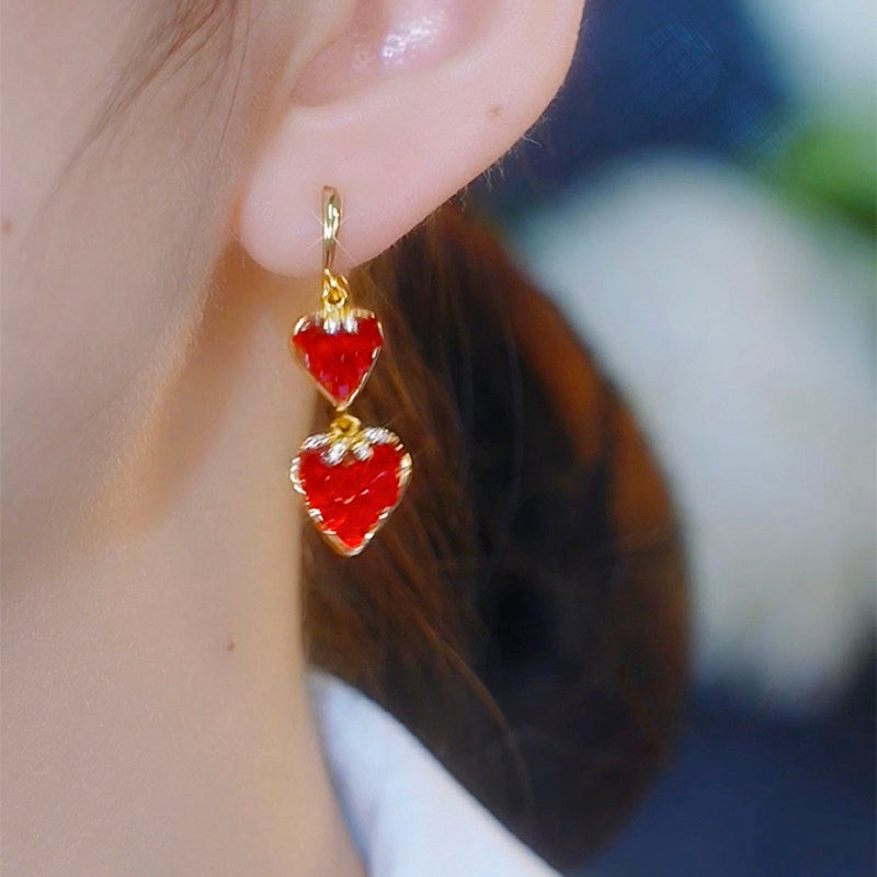 Elegant Red Heart Double-Drop Earrings – Sparkling Two-Way Statement Jewelry