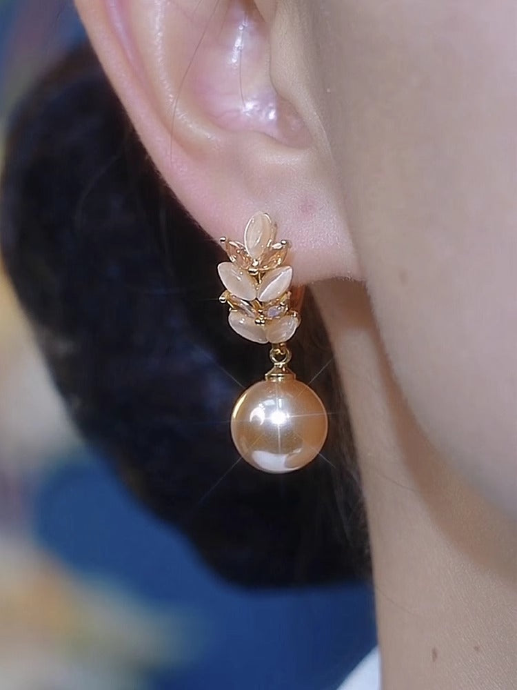 S925 Silver Needle Champagne Wheat Cat's Eye Pearl Earrings