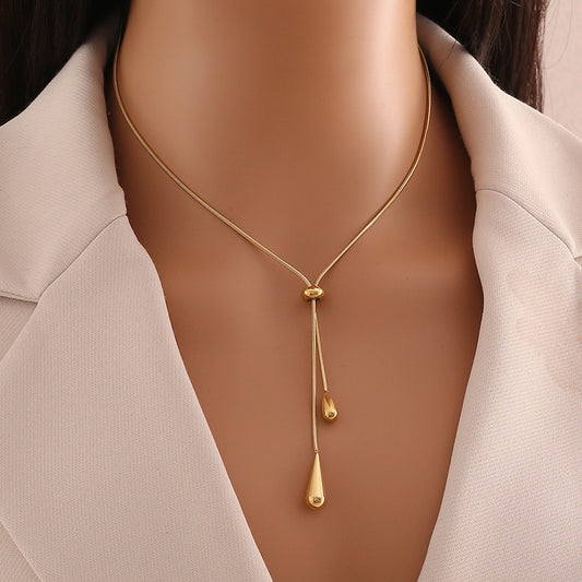 Stylish Minimalist Teardrop Pendant Necklace for Women – Titanium Steel Gold Lariat Necklace