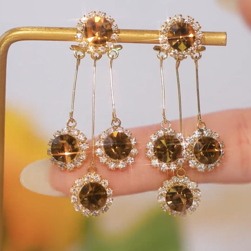 Designer-Style Light Luxury Earrings with Brown Zircon and Crystal Accents