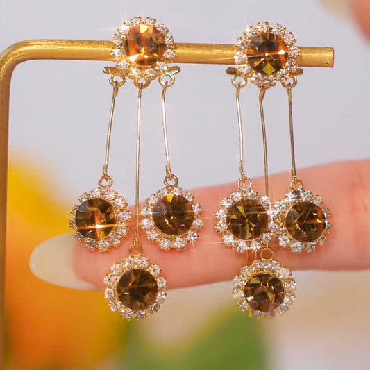 Designer-Style Light Luxury Earrings with Brown Zircon and Crystal Accents