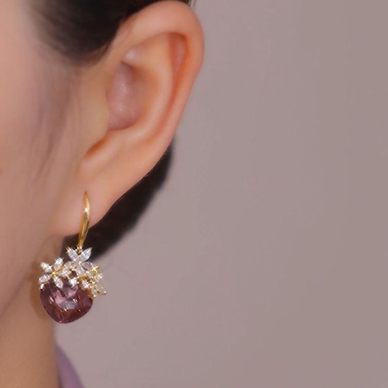 Crystal Zircon Personality Purple Flower Ear Hook Temperament Earrings