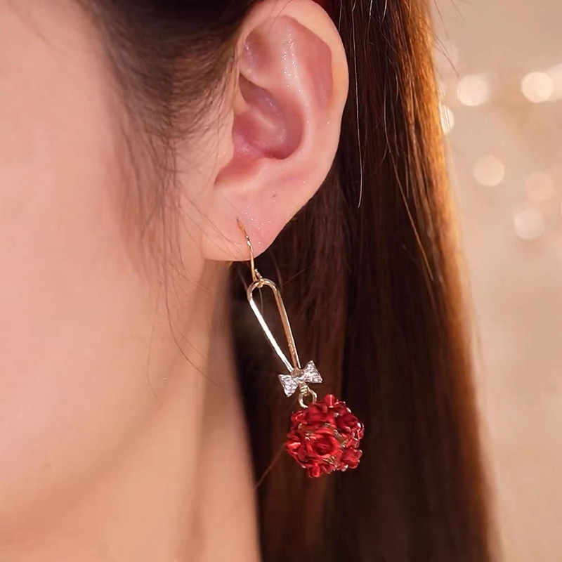 Long Red Rose Drop Earrings for Women – Elegant Floral Statement Earrings