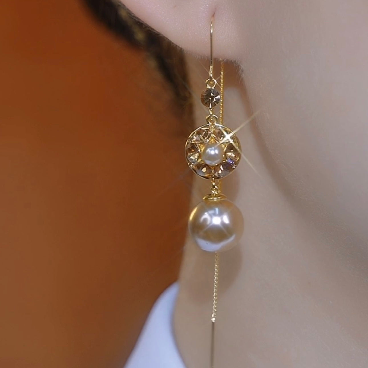 Champagne Diamond Vintage Long Pearl Earrings