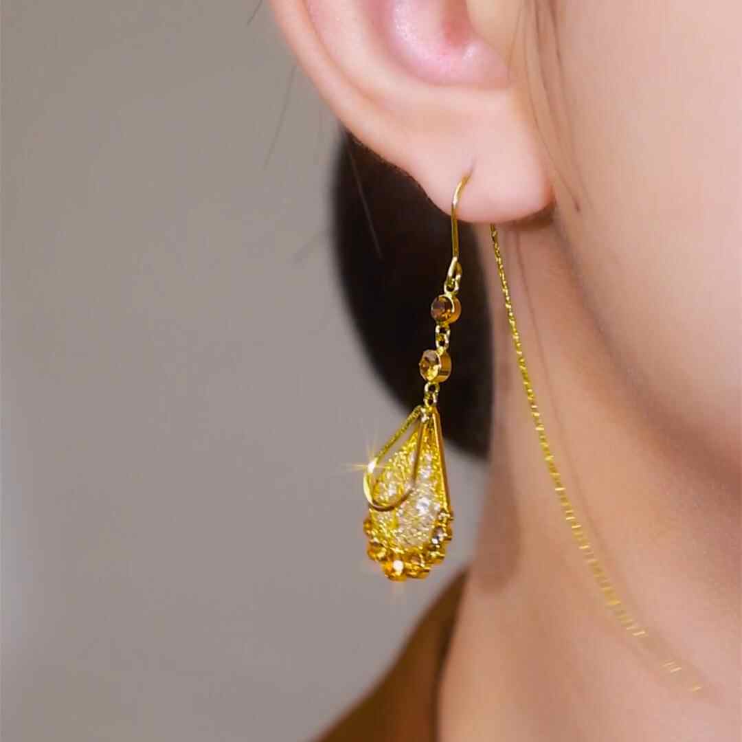 Gold Rhinestone Teardrop Threader Earrings – Elegant Mesh Dangle Statement Earrings for Women