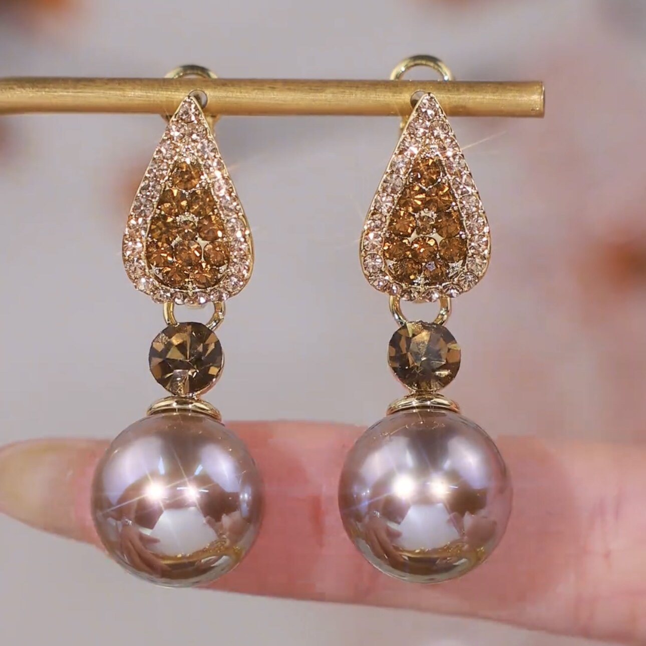 Champagne Pearl & Sparkling Zircon Drop Earrings for Women | Luxury Statement Jewelry