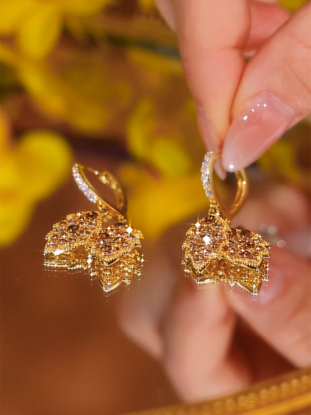 Fashionable Caramel Color Double Leaf Earrings With Diamonds Women's Accessories