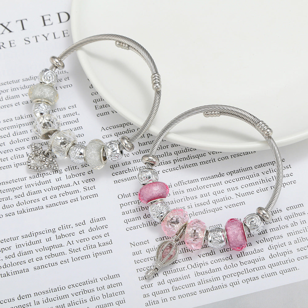 DIY Open Stainless Steel Bracelet Female Pink Hot Air Balloon Angel Wing Pendant