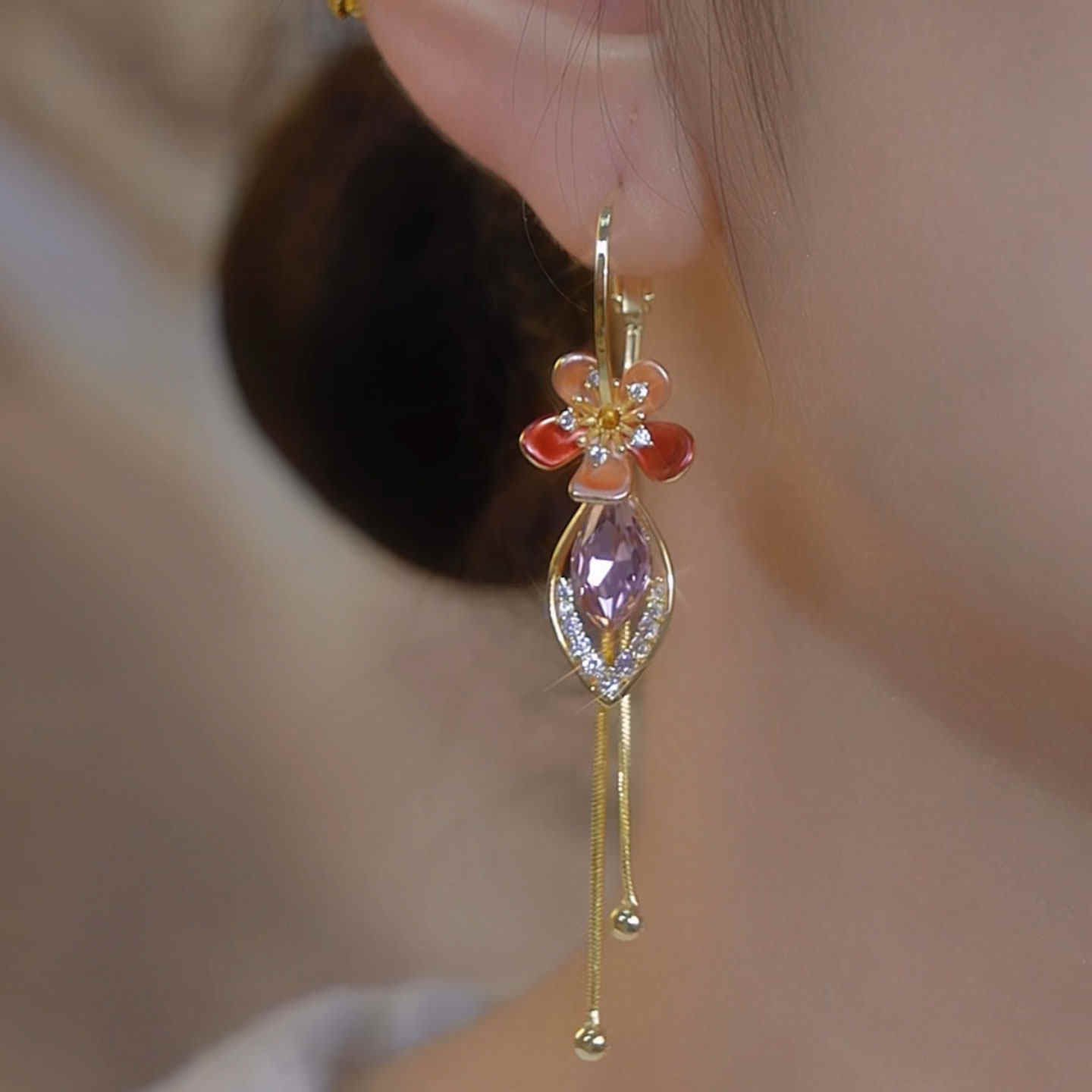 Women's Affordable Luxury Floral Tassel Earrings with Rhinestone Chains