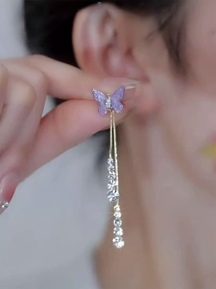 Purple Crystal Light Luxury Sparkling Diamond Butterfly Earrings