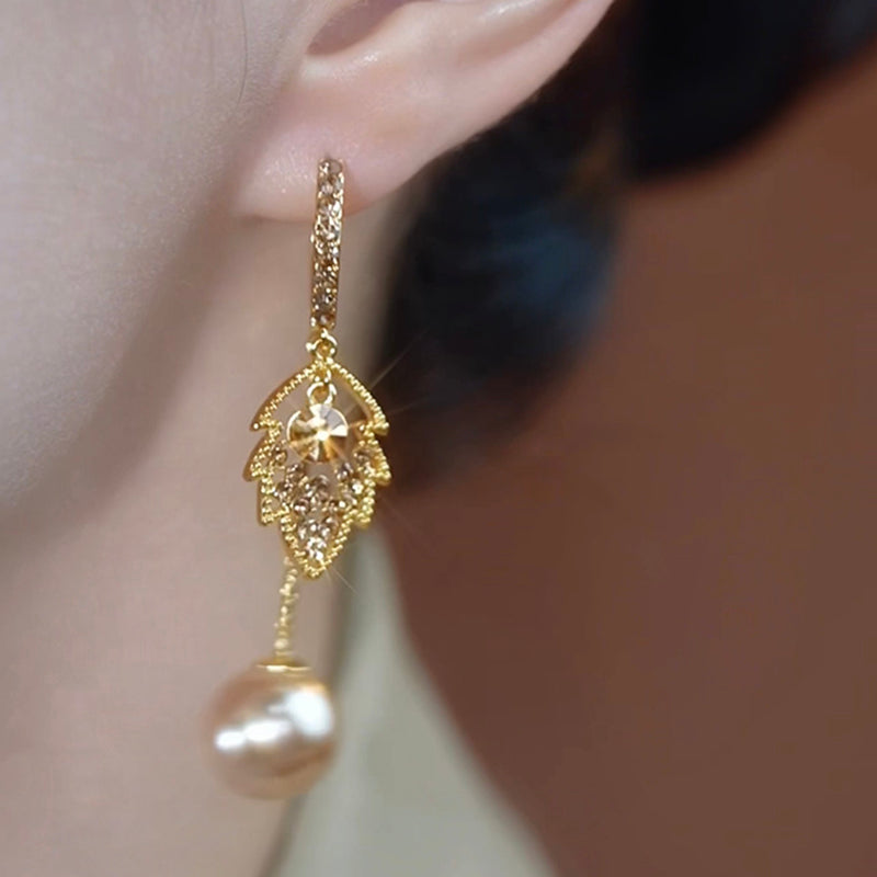 Brown Diamond Leaf Pearl Earrings Women'S Accessories