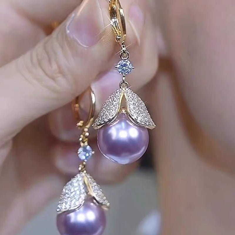 Elegant Purple Pearl And Diamond Leaf Earrings