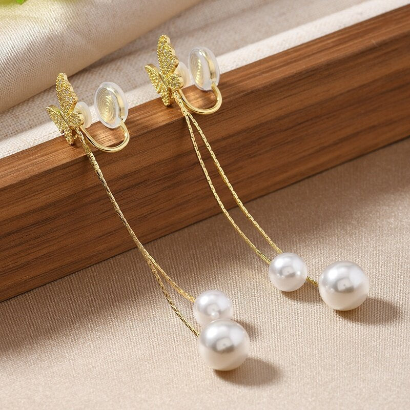 Clip-on Long Butterfly Tassel Pearl Earrings with Double Comfort Pads