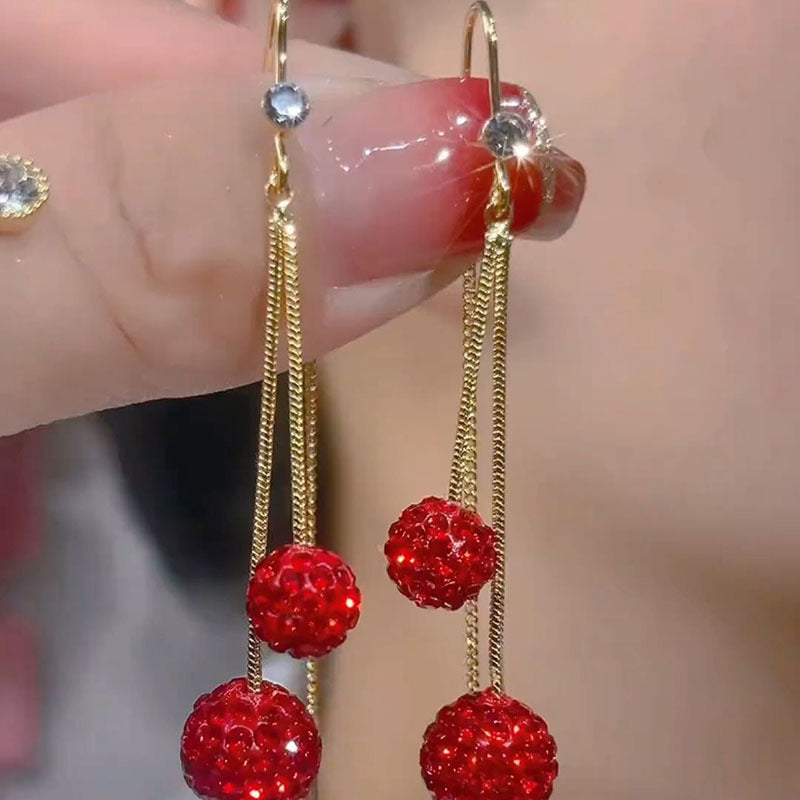 Women's Fashion Red Diamond Ball Tassel Earrings