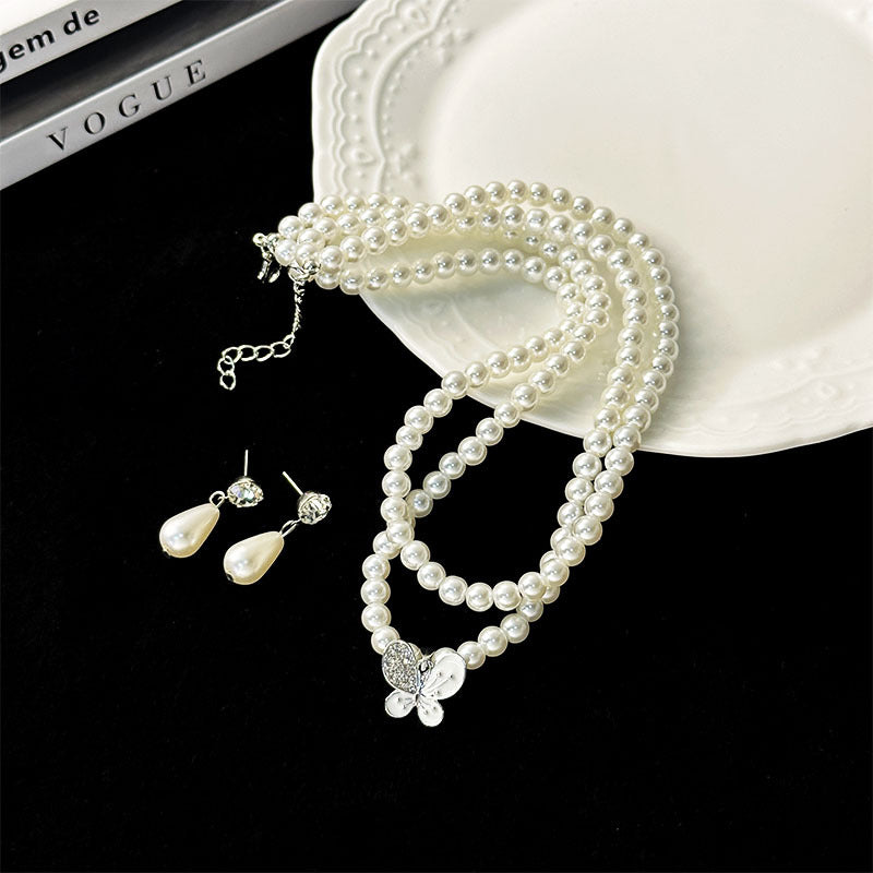 Women's Fashion Temperament Alloy Teardrop Shape Flower Pearl Necklace Earring Set