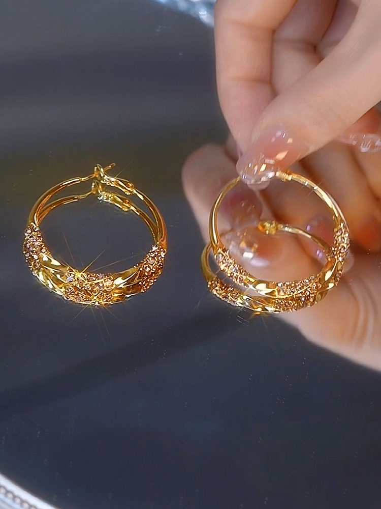 Pendientes de aro de diamantes dorados Pendientes de aro grandes Accesorios para mujer franceses