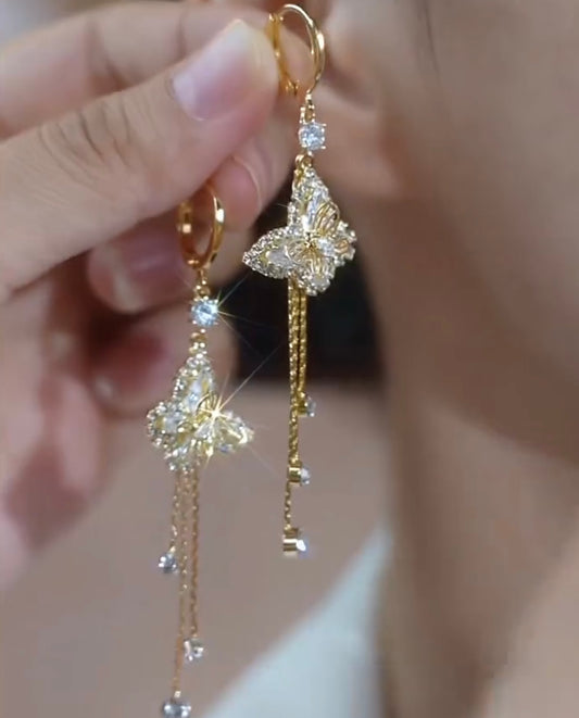 Pendientes de mariposa con microincrustaciones, pendientes franceses femeninos con borlas retro largas de otoño e invierno