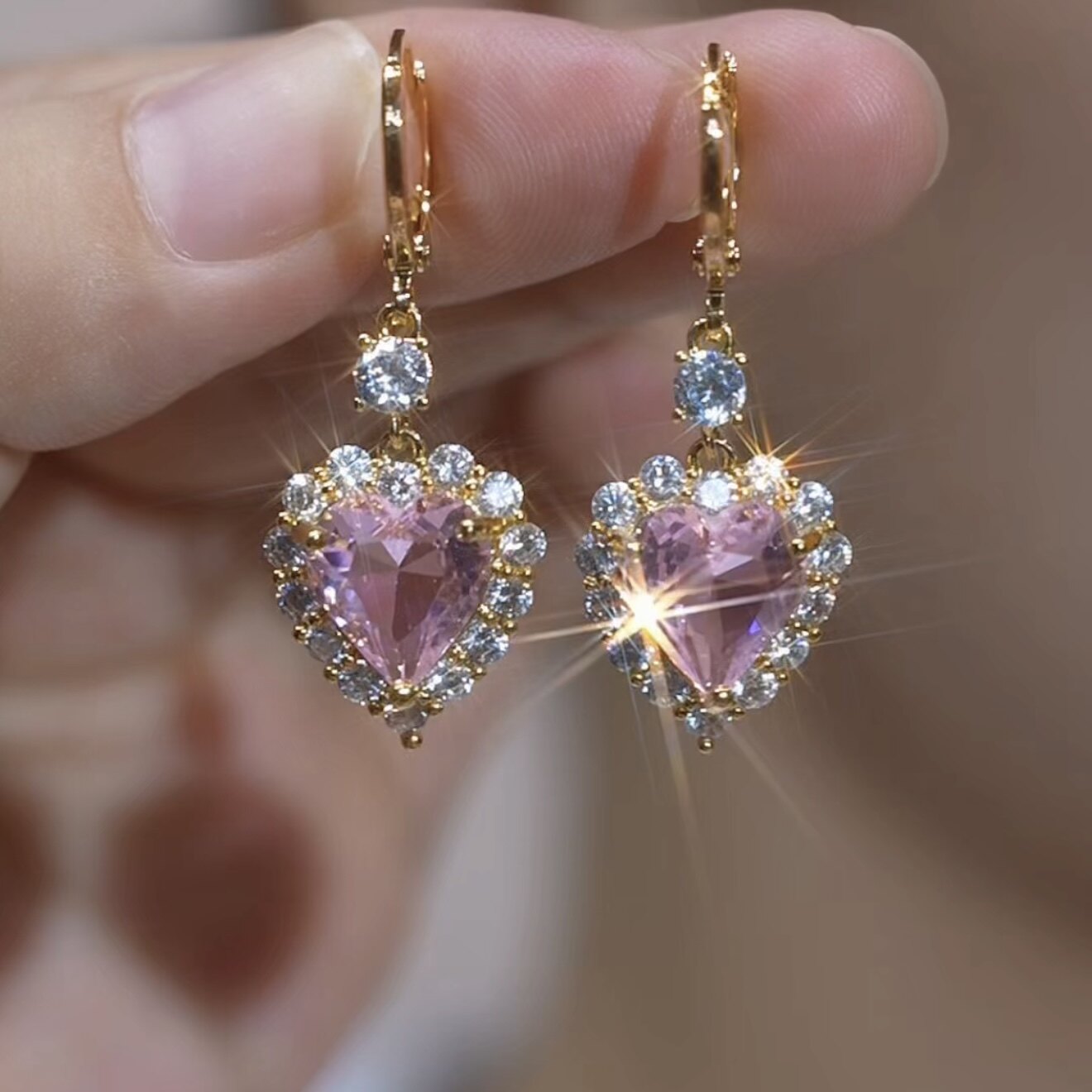 Pink Crystal Heart Hoop Earrings – Sparkling Rhinestone Elegant Luxury Jewelry