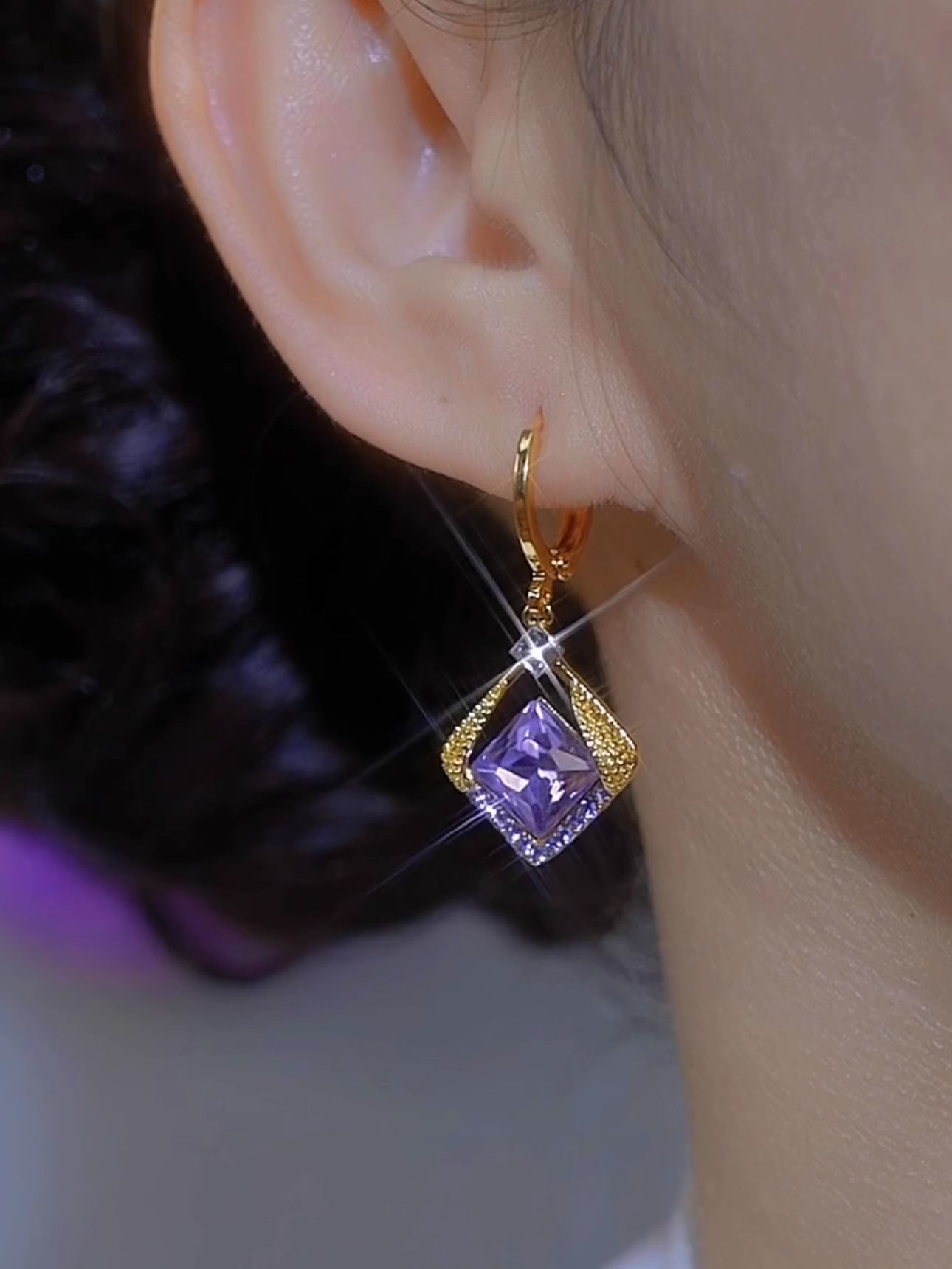 Purple Crystal Rhombus Full Diamond Earrings Fashion Jewelry