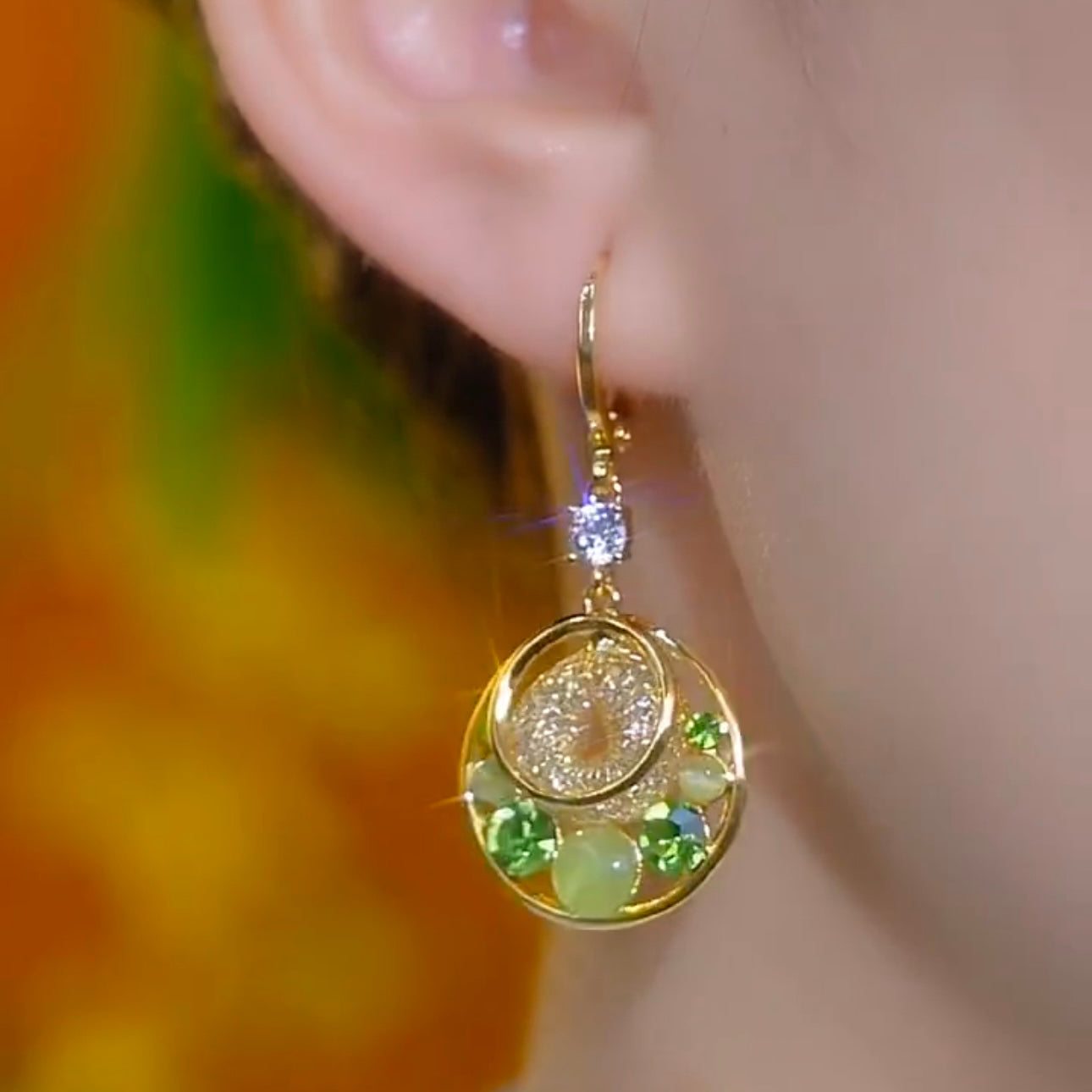 Fashion Circle Green Diamond Cat's Eye Earrings