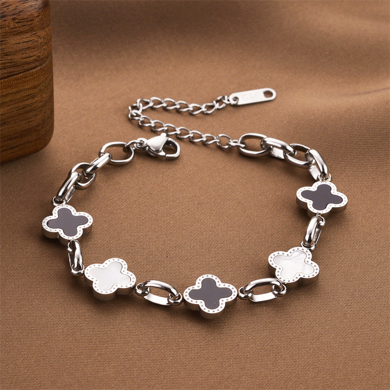 Temperament Black And White Four-leaf Clover Titanium Steel Bracelet For Women