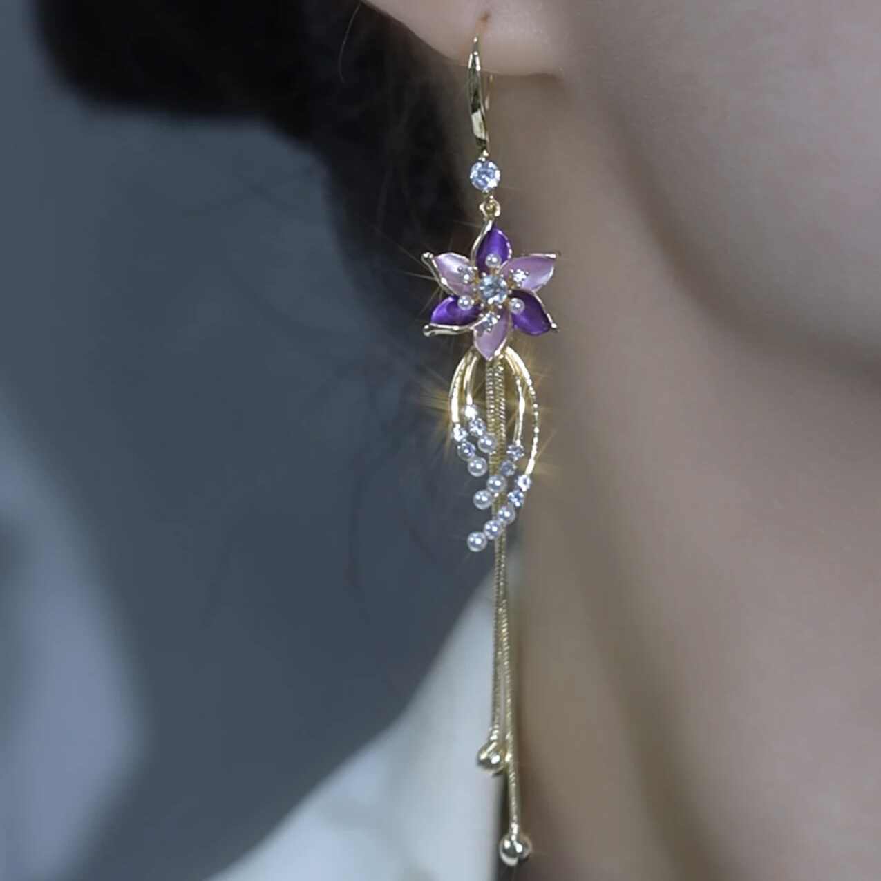 Purple Rhinestone-Embellished Floral Tassel Drop Earrings