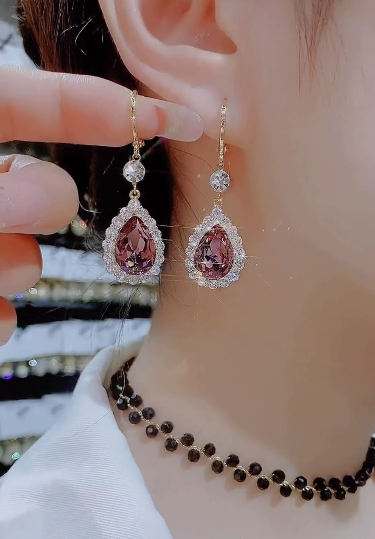 Super Flash Water Drop Earrings Temperament Purple Crystal Long Earrings For Women