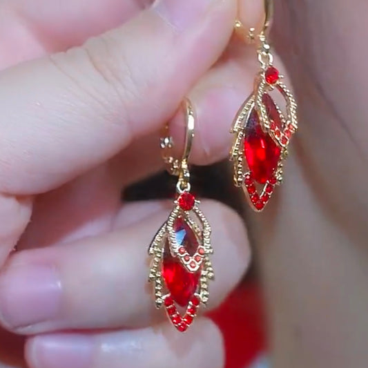 Exquisite Red Zircon Leaf Earrings With Diamonds
