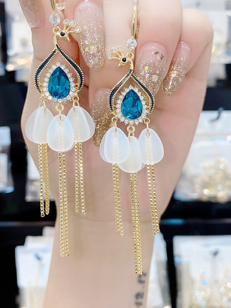 Phoenix Blue Crystal Earrings Long Temperament Accessories