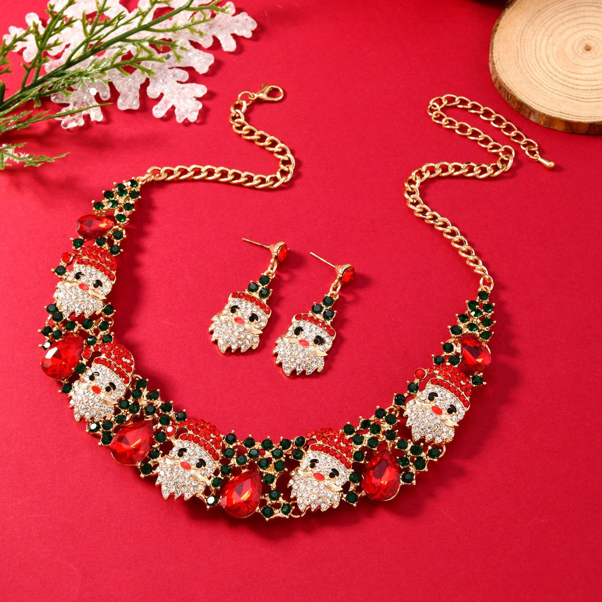 Conjunto de joyas navideñas, collar y pendientes de Papá Noel con diamantes de imitación y cristales brillantes a la moda