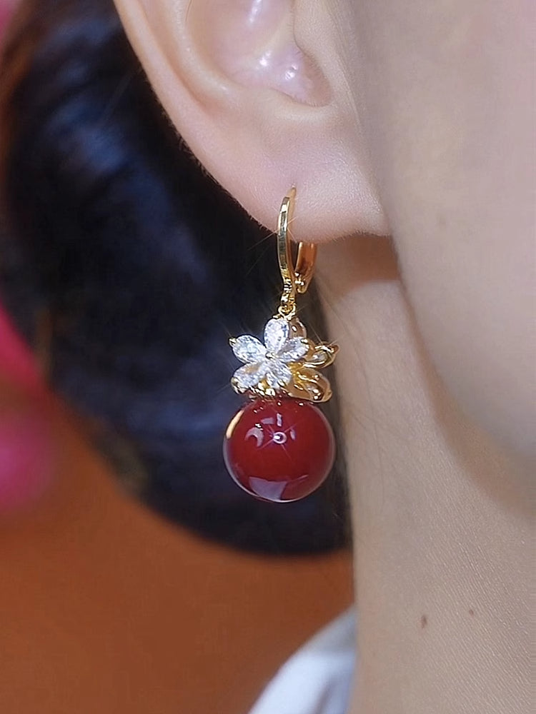 Red Pearl Zircon Flower Temperament Earrings