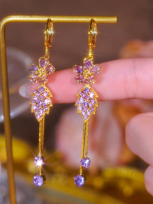 Fashionable And Exquisite Flower Leaf Zircon Earrings For Women