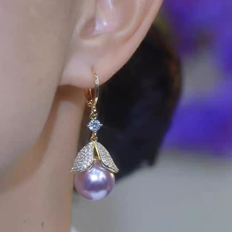 Elegant Purple Pearl And Diamond Leaf Earrings