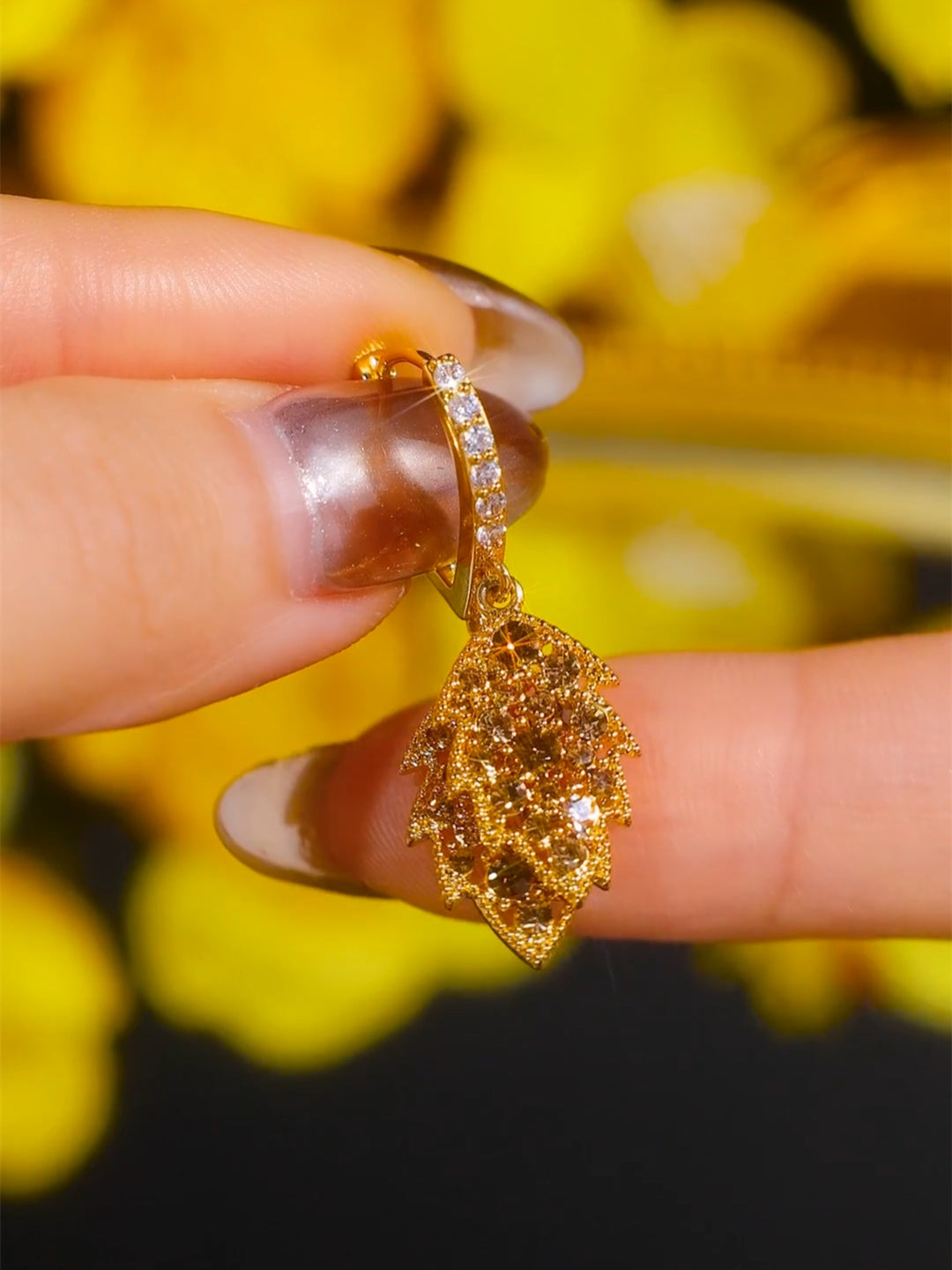 Fashionable Caramel Color Double Leaf Earrings With Diamonds Women's Accessories