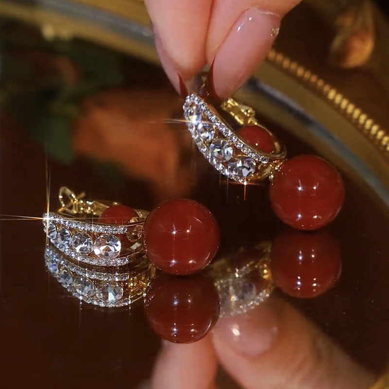 Luxury Red Pearl & Zircon Drop Earrings – Convertible 2-in-1 Silver Needle Statement Earrings