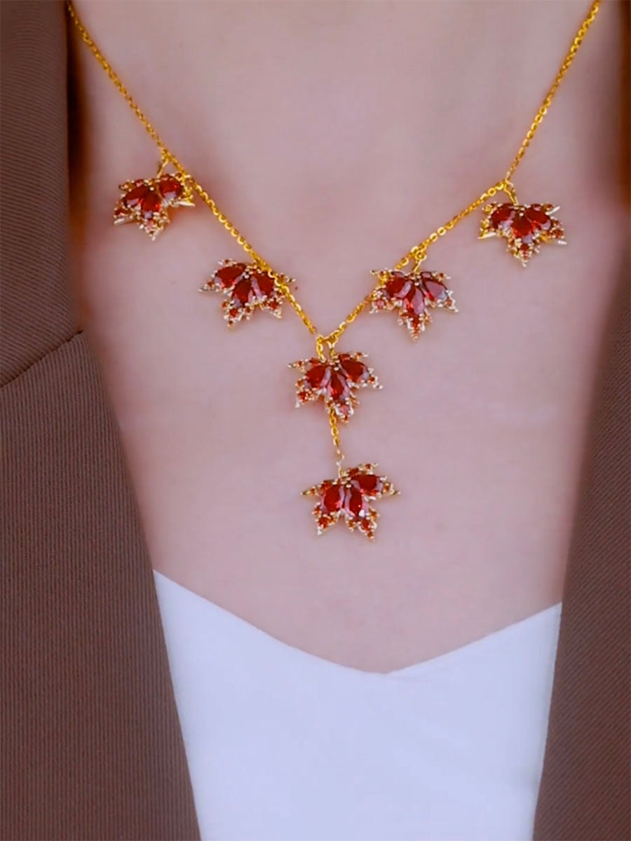 Gold And Red Diamond Maple Leaf Necklace