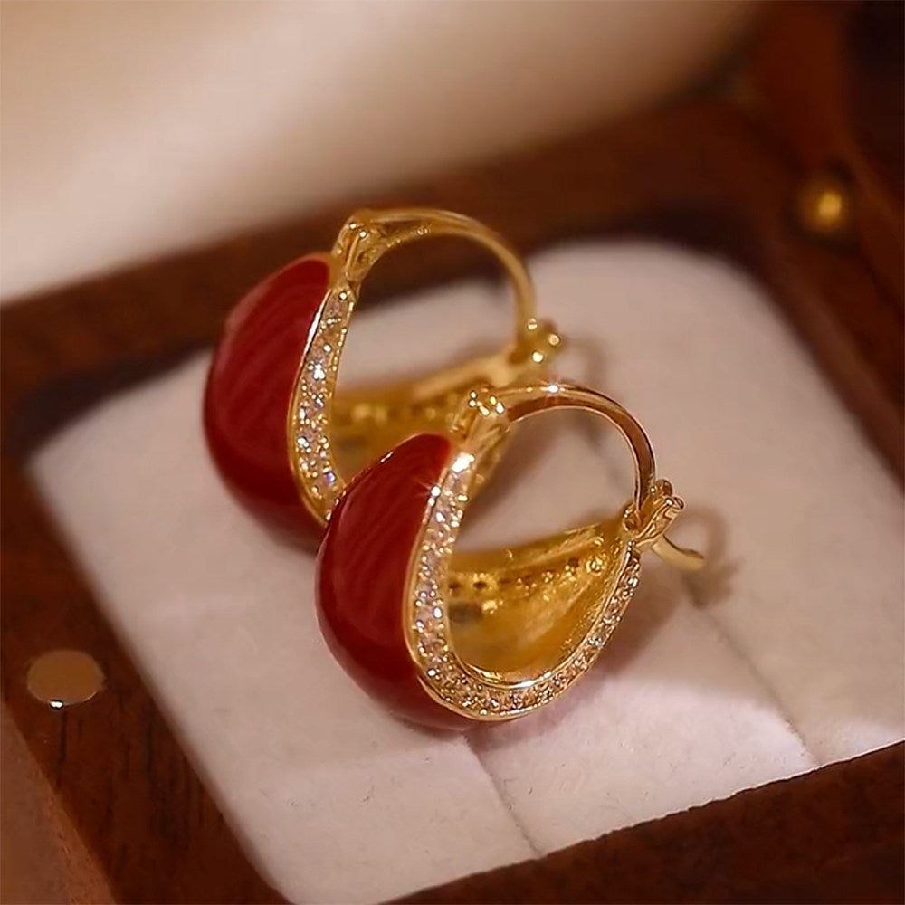 Stylish Retro Red Enamel and Zircon Earrings