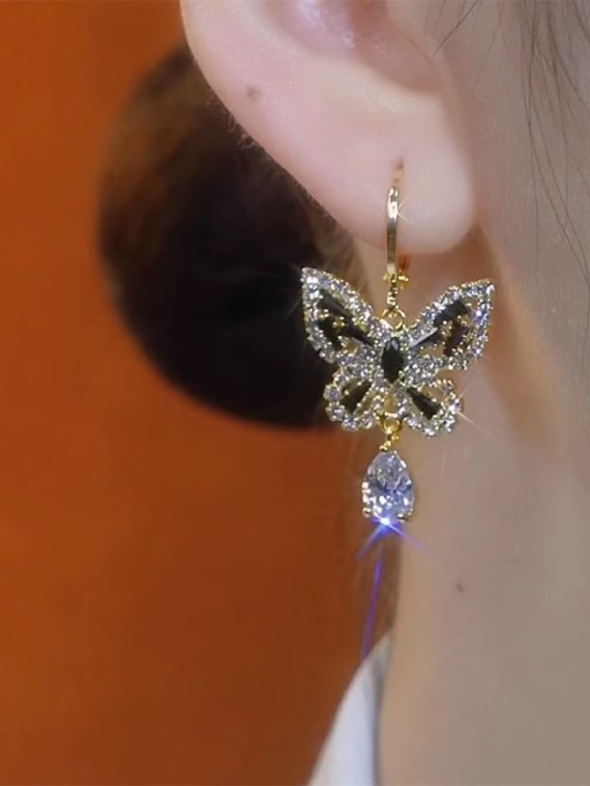 Women'S Black Zircon Sparkling Butterfly Earrings