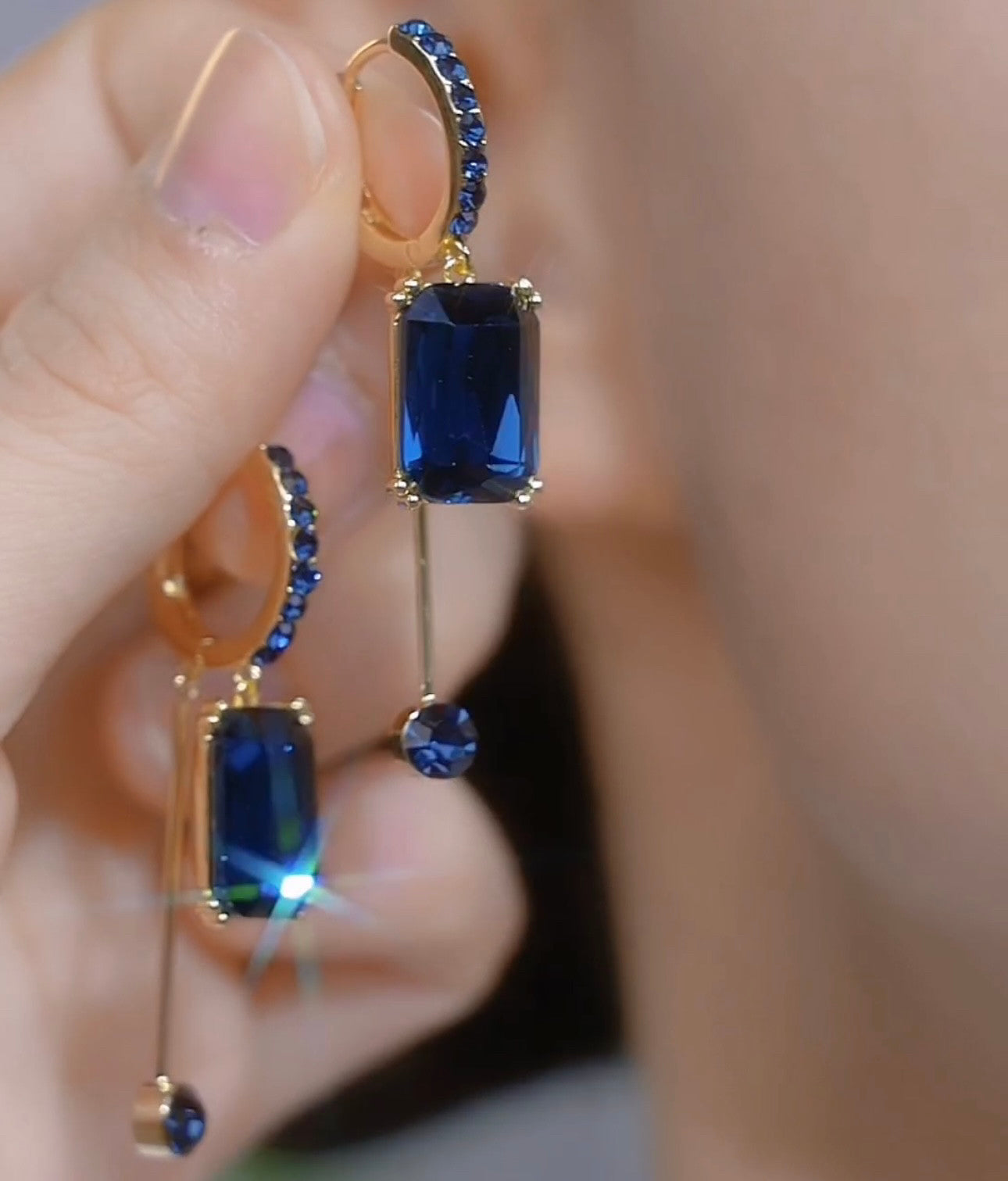 Blue Crystal Tassel Drop Earrings for Women – Elegant Square Design Luxury Dangle Earrings Lightweight Chic Jewelry