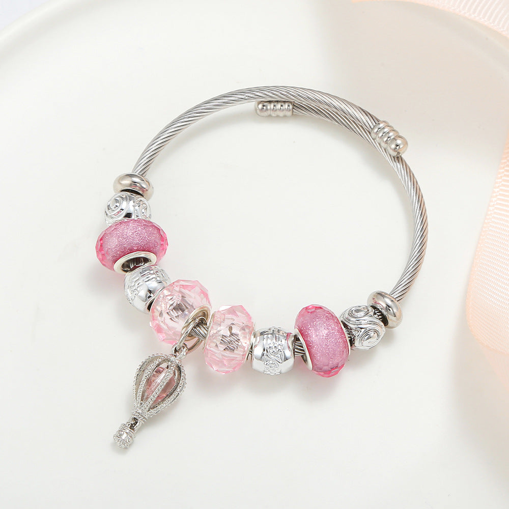 DIY Open Stainless Steel Bracelet Female Pink Hot Air Balloon Angel Wing Pendant