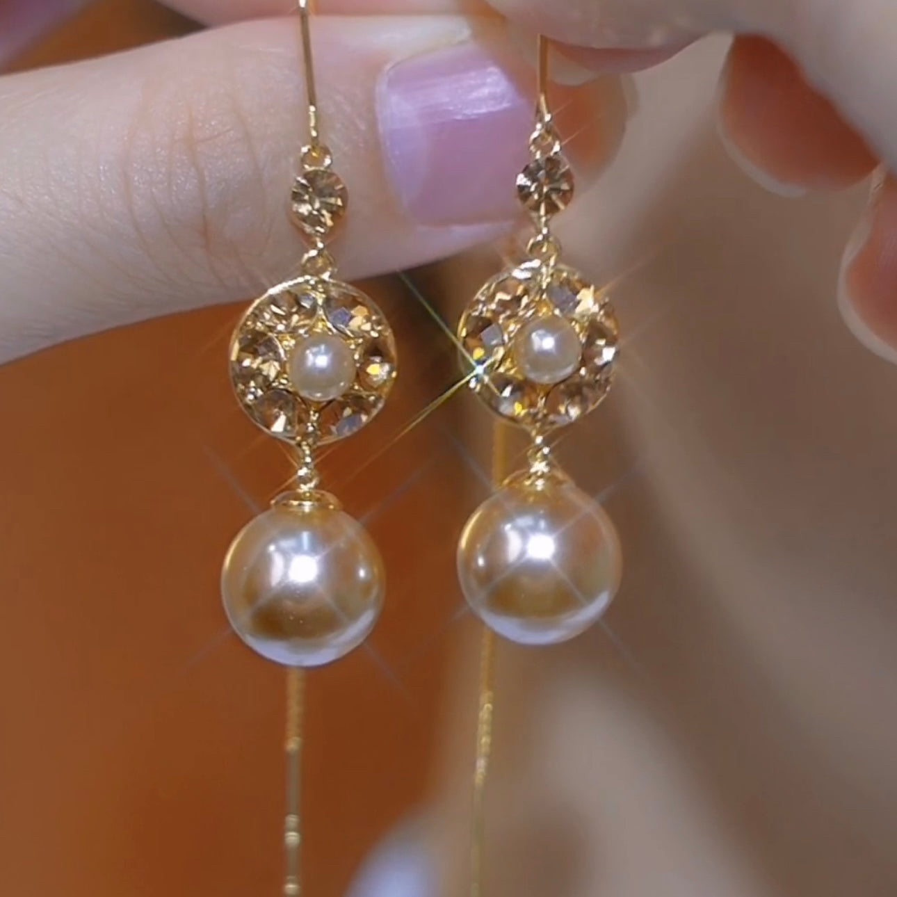 Champagne Diamond Vintage Long Pearl Earrings