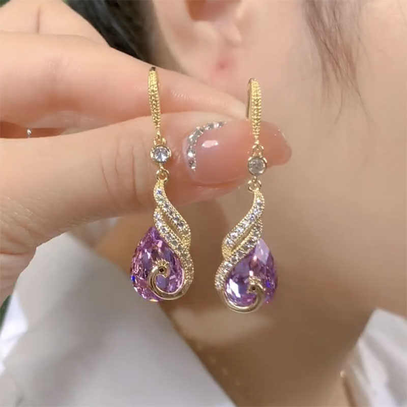 Women’s Purple Crystal Phoenix Earrings – Luxury Peacock-Inspired Statement Jewelry
