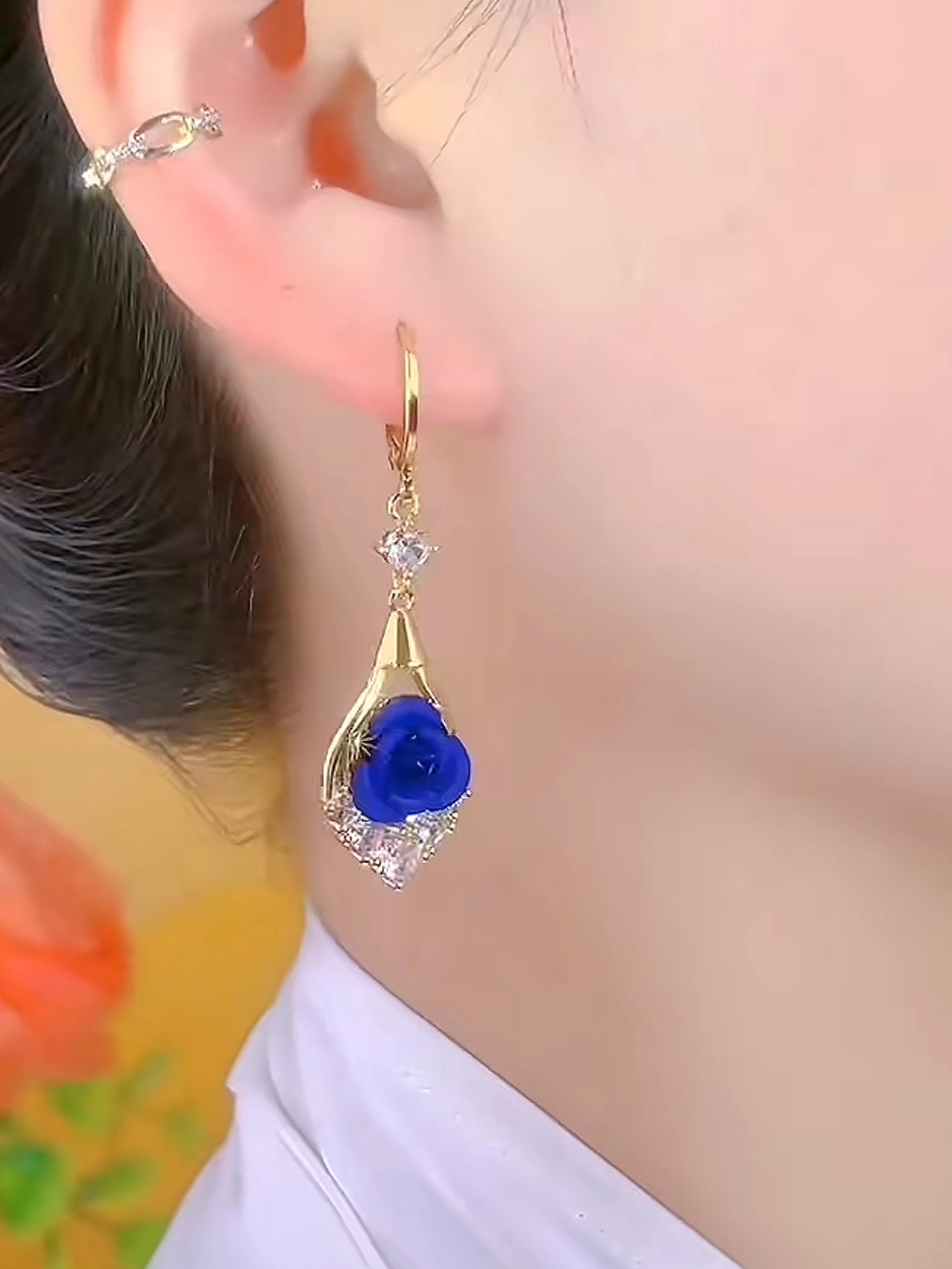 Elegant And Sophisticated Diamond-encrusted Blue Rose Earrings