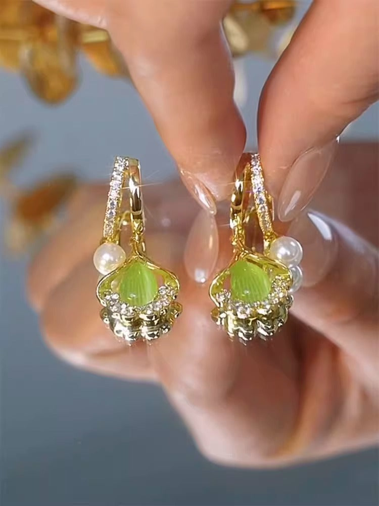 Ginkgo Leaf Temperament Cat's Eye Pearl Earrings