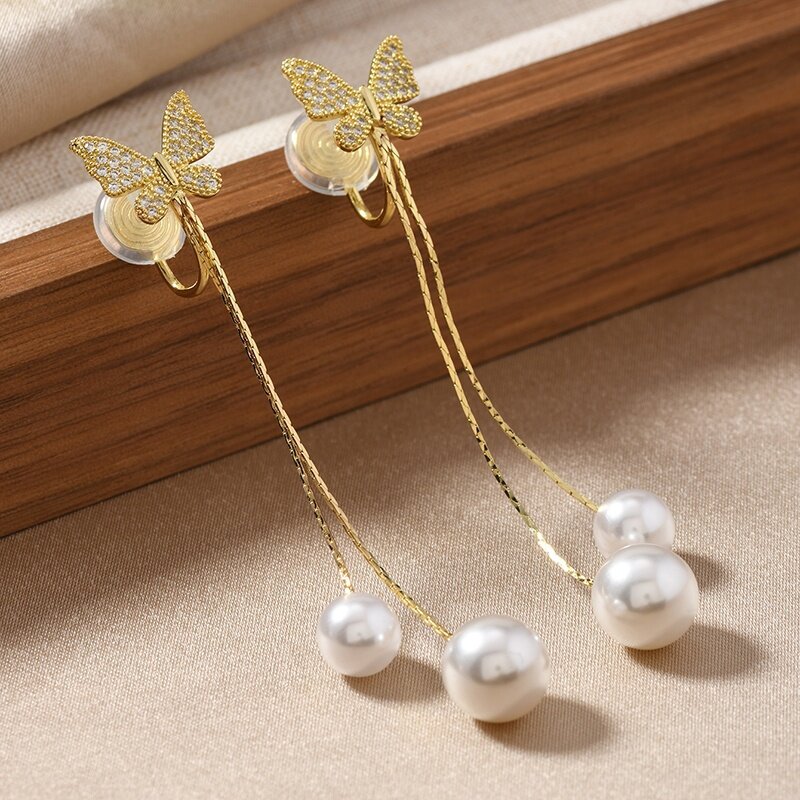 Clip-on Long Butterfly Tassel Pearl Earrings with Double Comfort Pads