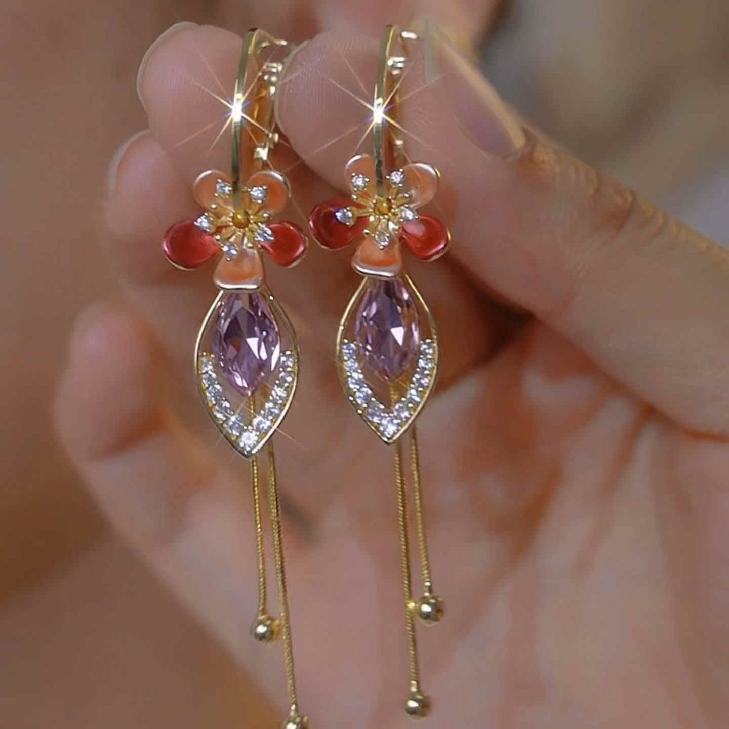 Women's Affordable Luxury Floral Tassel Earrings with Rhinestone Chains