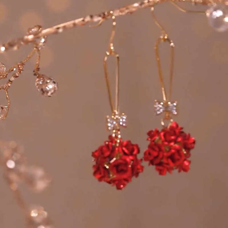 Long Red Rose Drop Earrings for Women – Elegant Floral Statement Earrings