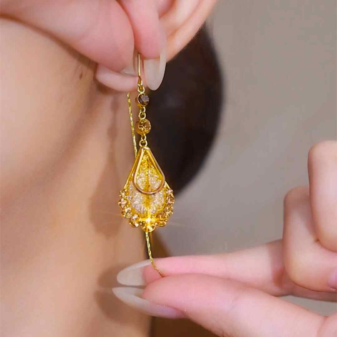 Gold Rhinestone Teardrop Threader Earrings – Elegant Mesh Dangle Statement Earrings for Women