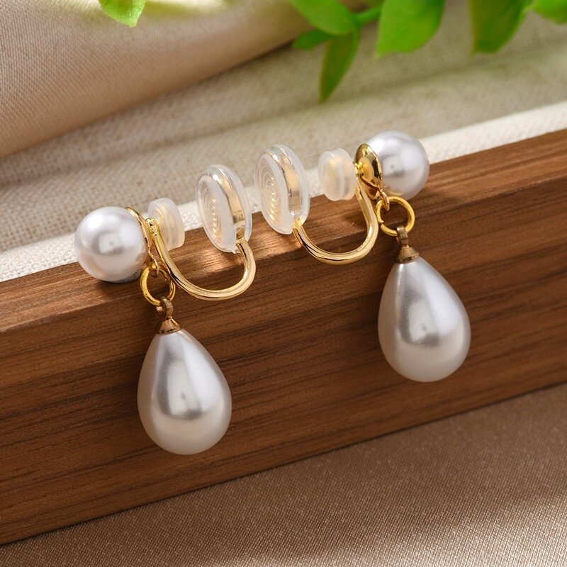 Clip-on Teardrop Pearl Earrings with Double-Pad Backs (For Non-Pierced Ears)