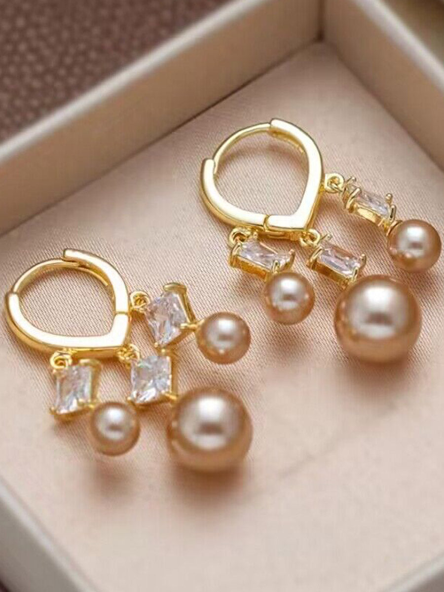 Zirconia Pearl Champagne Gold Silver Needle Earrings